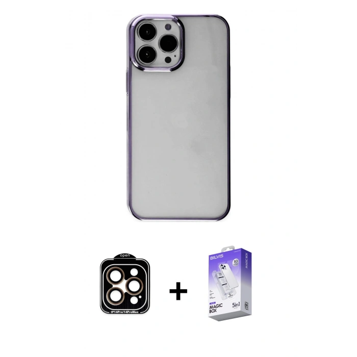 MARSİLYAN™- iPhone 14 Pro Max Kılıf Doruk Doku Prime - Siyah Bilvis 5in1 3D Magic Cam Ekran Koruyucu + PVD Metal Kamera Lens - TU