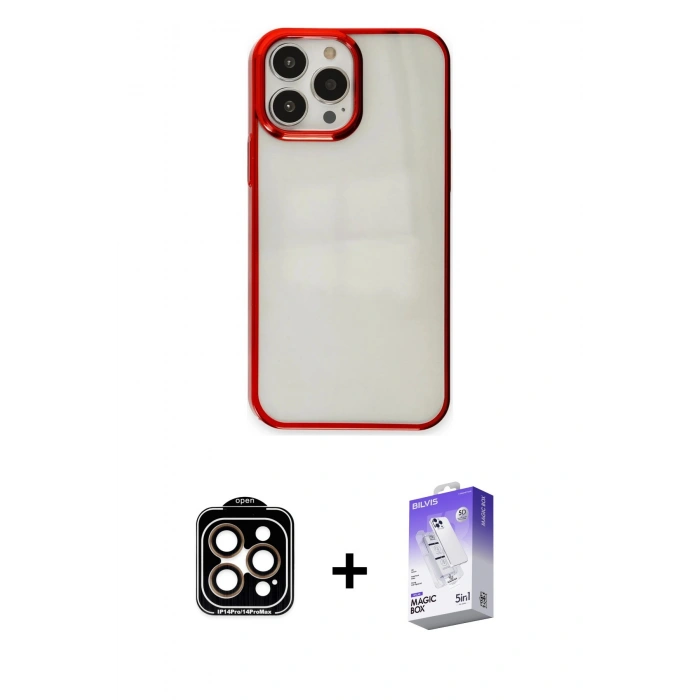 MARSİLYAN™- iPhone 14 Pro Max Kılıf Doruk Doku Prime - Siyah Bilvis 5in1 3D Magic Cam Ekran Koruyucu + PVD Metal Kamera Lens - TU