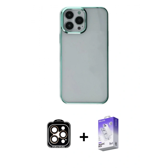 MARSİLYAN™- iPhone 14 Pro Max Kılıf Doruk Doku Prime - Siyah Bilvis 5in1 3D Magic Cam Ekran Koruyucu + PVD Metal Kamera Lens - TU