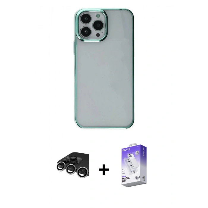 MARSİLYAN™- iPhone 14 Pro Max Kılıf Doruk Doku Prime - Siyah Bilvis 5in1 3D Magic Cam Ekran Koruyucu + Raze Metal Kamera Lens - GS