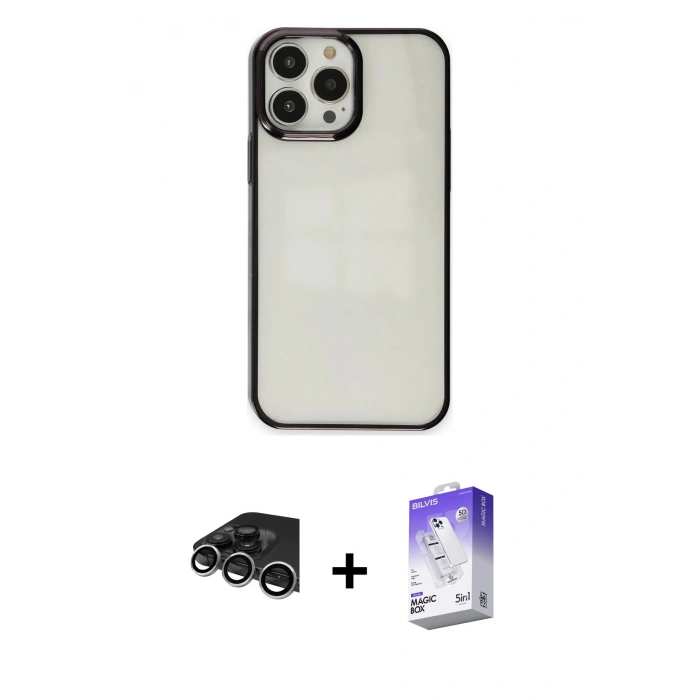 MARSİLYAN™- iPhone 14 Pro Max Kılıf Doruk Doku Prime - Siyah Bilvis 5in1 3D Magic Cam Ekran Koruyucu + Raze Metal Kamera Lens - GS