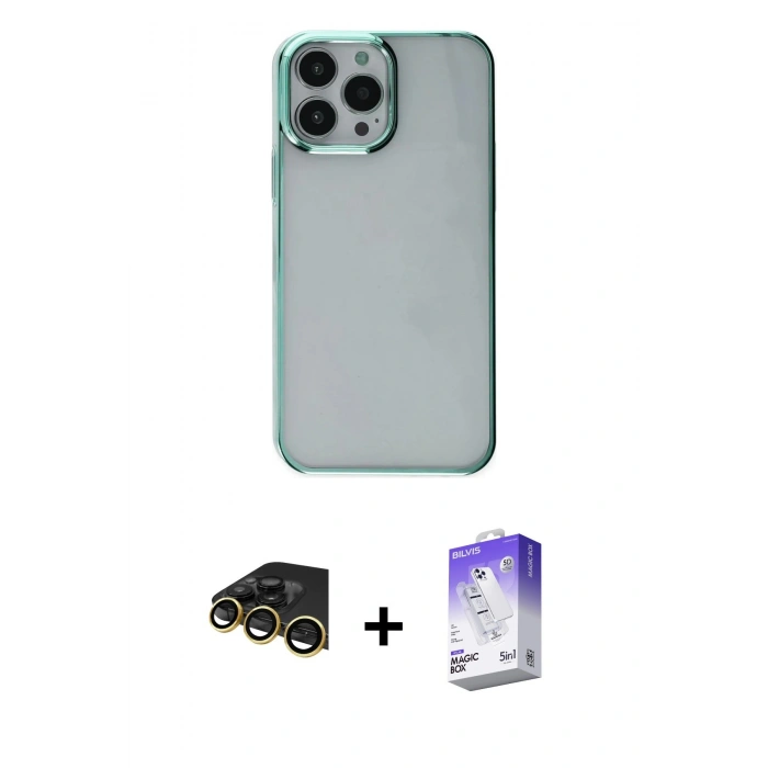 MARSİLYAN™- iPhone 14 Pro Max Kılıf Doruk Doku Prime - Siyah Bilvis 5in1 3D Magic Cam Ekran Koruyucu + Raze Metal Kamera Lens - GD
