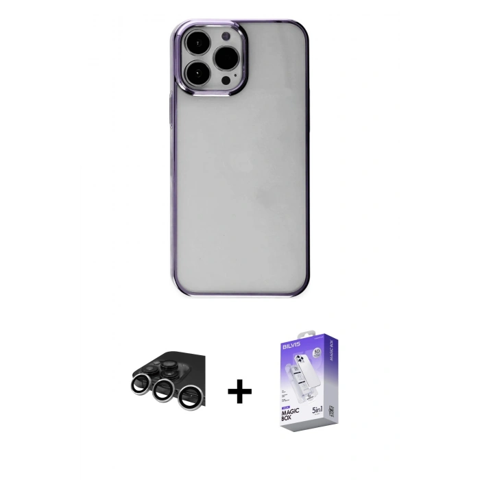 MARSİLYAN™- iPhone 14 Pro Max Kılıf Doruk Doku Prime - Siyah Bilvis 5in1 3D Magic Cam Ekran Koruyucu + Raze Metal Kamera Lens - GS