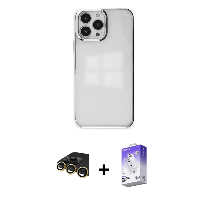 MARSİLYAN™- iPhone 14 Pro Max Kılıf Doruk Doku Prime - Siyah Bilvis 5in1 3D Magic Cam Ekran Koruyucu + Raze Metal Kamera Lens - GD
