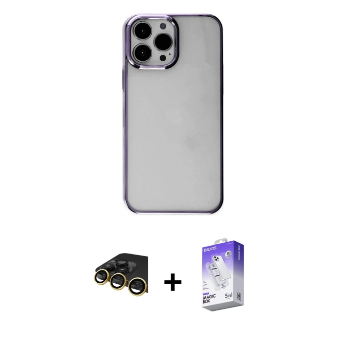 MARSİLYAN™- iPhone 14 Pro Max Kılıf Doruk Doku Prime - Siyah Bilvis 5in1 3D Magic Cam Ekran Koruyucu + Raze Metal Kamera Lens - GD
