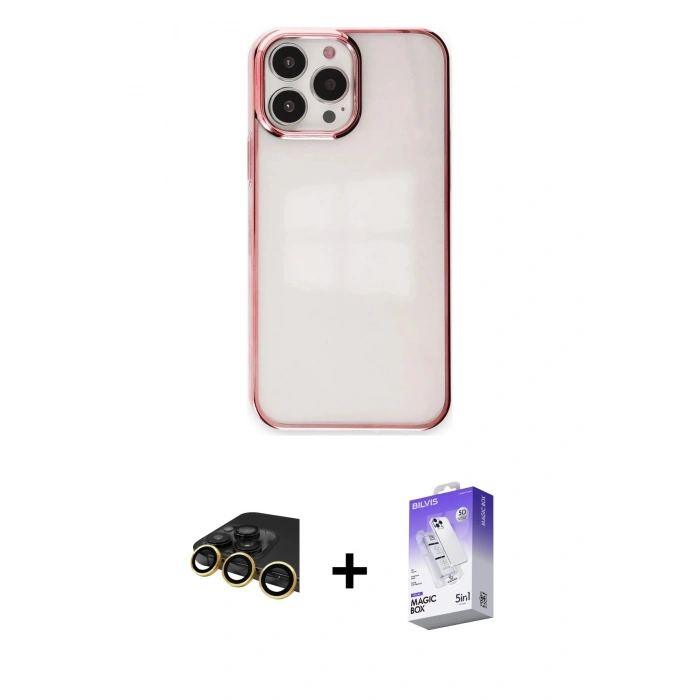 MARSİLYAN™- iPhone 14 Pro Max Kılıf Doruk Doku Prime - Siyah Bilvis 5in1 3D Magic Cam Ekran Koruyucu + Raze Metal Kamera Lens - GD