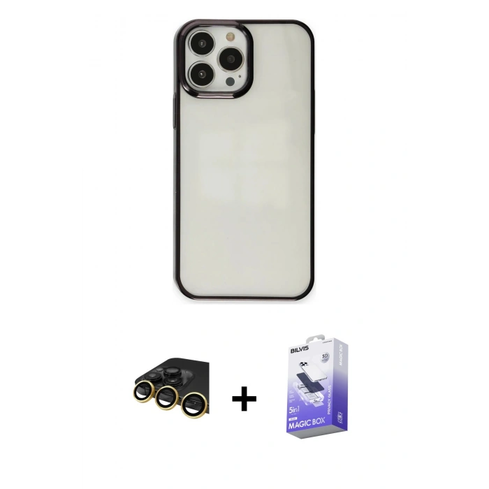 MARSİLYAN™- iPhone 14 Pro Max Kılıf Doruk Doku Prime - Siyah Bilvis 5in1 5D Magic Hayalet Cam Ekran Koruyucu + Raze Metal Kamera Lens - GD