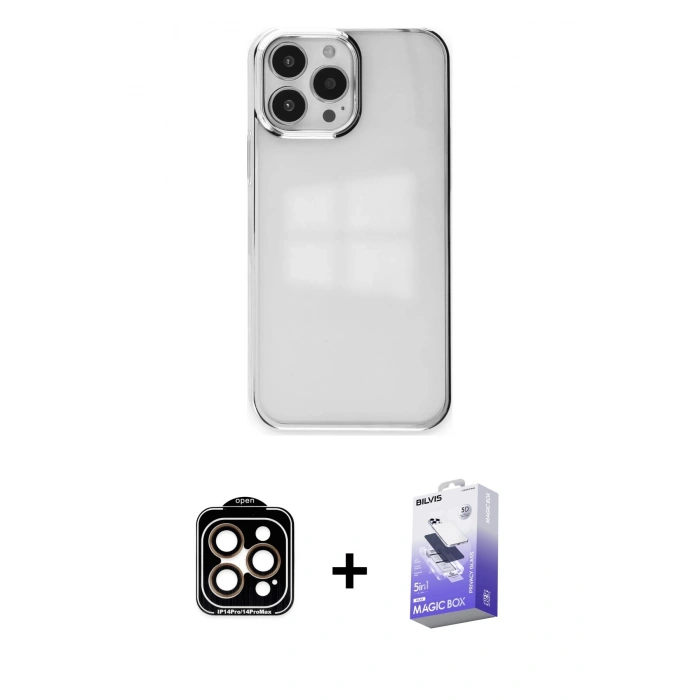MARSİLYAN™- iPhone 14 Pro Max Kılıf Doruk Doku Prime - Siyah Bilvis 5in1 5D Magic Hayalet Cam Ekran Koruyucu + PVD Metal Kamera Lens - TU