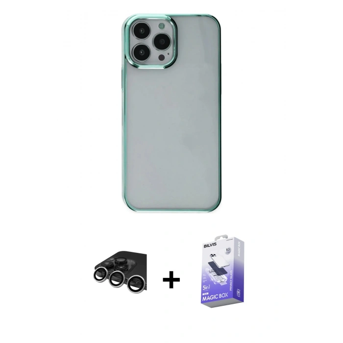 MARSİLYAN™- iPhone 14 Pro Max Kılıf Doruk Doku Prime - Siyah Bilvis 5in1 5D Magic Hayalet Cam Ekran Koruyucu + Raze Metal Kamera Lens - GS