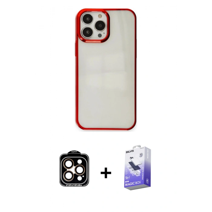 MARSİLYAN™- iPhone 14 Pro Max Kılıf Doruk Doku Prime - Siyah Bilvis 5in1 5D Magic Hayalet Cam Ekran Koruyucu + PVD Metal Kamera Lens - TU