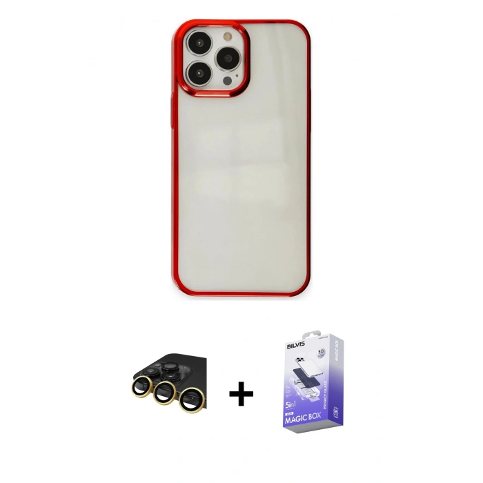 MARSİLYAN™- iPhone 14 Pro Max Kılıf Doruk Doku Prime - Siyah Bilvis 5in1 5D Magic Hayalet Cam Ekran Koruyucu + Raze Metal Kamera Lens - GD