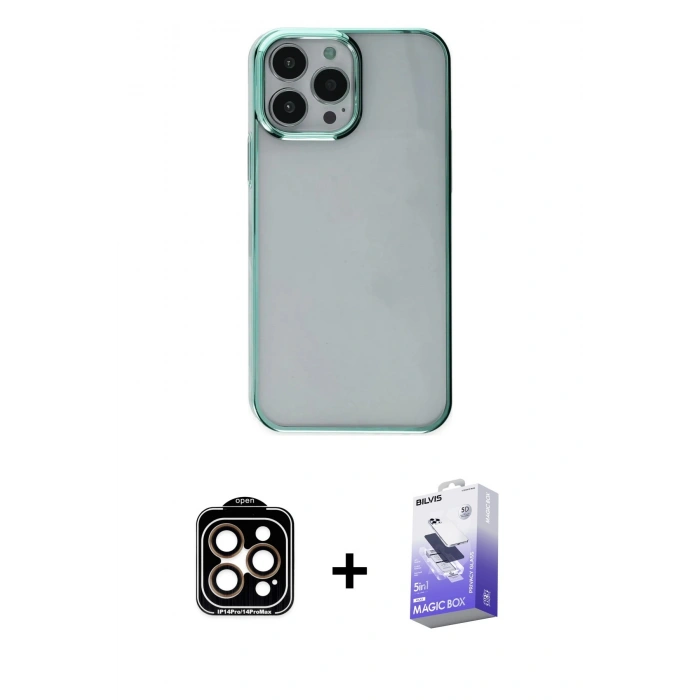 MARSİLYAN™- iPhone 14 Pro Max Kılıf Doruk Doku Prime - Siyah Bilvis 5in1 5D Magic Hayalet Cam Ekran Koruyucu + PVD Metal Kamera Lens - TU