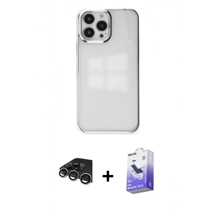 MARSİLYAN™- iPhone 14 Pro Max Kılıf Doruk Doku Prime - Siyah Bilvis 5in1 5D Magic Hayalet Cam Ekran Koruyucu + Raze Metal Kamera Lens - GS