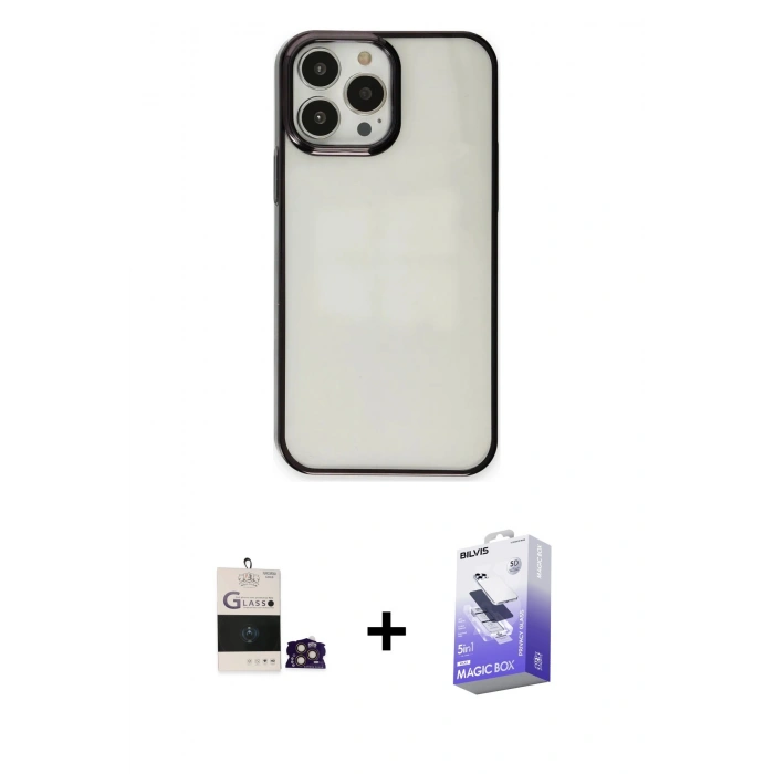 MARSİLYAN™- iPhone 14 Pro Max Kılıf Doruk Doku Prime - Siyah Bilvis 5in1 5D Magic Hayalet Cam Ekran Koruyucu + Bilvis Titan Kamera Lens - GD