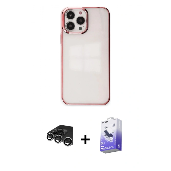 MARSİLYAN™- iPhone 14 Pro Max Kılıf Doruk Doku Prime - Siyah Bilvis 5in1 5D Magic Hayalet Cam Ekran Koruyucu + Raze Metal Kamera Lens - GS