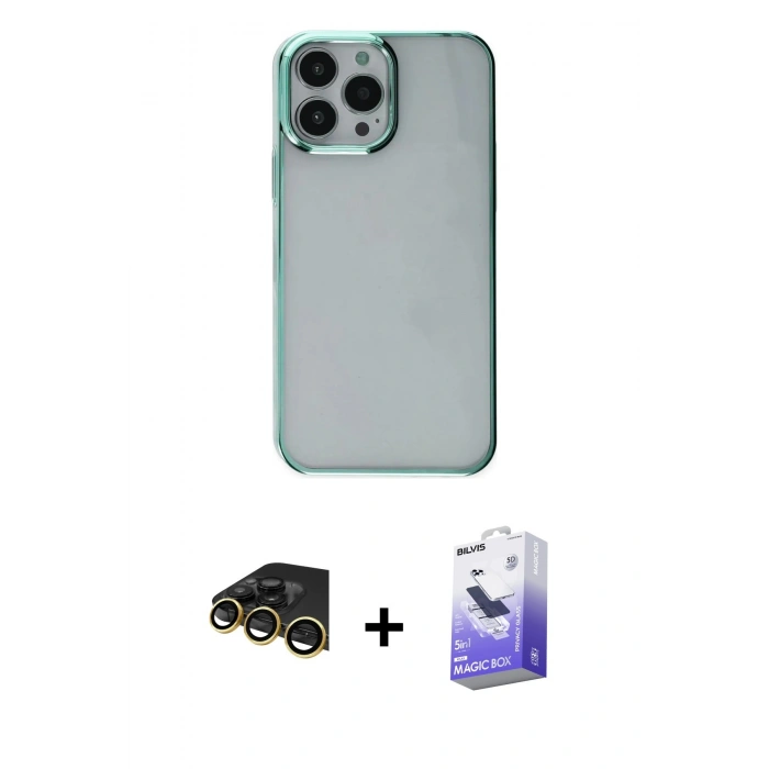 MARSİLYAN™- iPhone 14 Pro Max Kılıf Doruk Doku Prime - Siyah Bilvis 5in1 5D Magic Hayalet Cam Ekran Koruyucu + Raze Metal Kamera Lens - GD