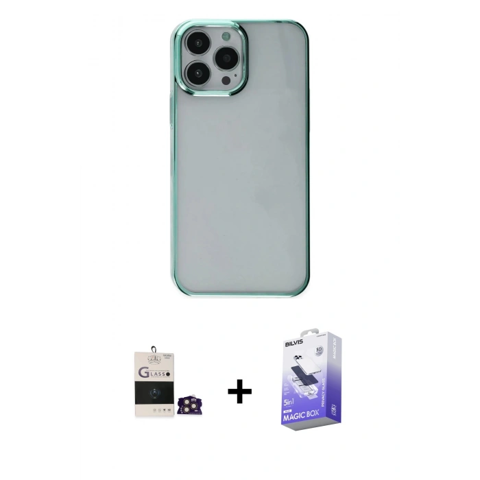 MARSİLYAN™- iPhone 14 Pro Max Kılıf Doruk Doku Prime - Siyah Bilvis 5in1 5D Magic Hayalet Cam Ekran Koruyucu + Bilvis Titan Kamera Lens - GD