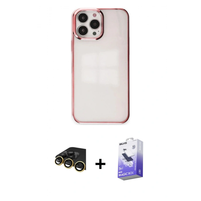MARSİLYAN™- iPhone 14 Pro Max Kılıf Doruk Doku Prime - Siyah Bilvis 5in1 5D Magic Hayalet Cam Ekran Koruyucu + Raze Metal Kamera Lens - GD