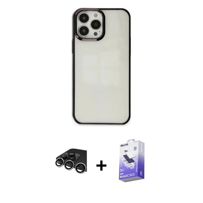 MARSİLYAN™- iPhone 14 Pro Max Kılıf Doruk Doku Prime - Siyah Bilvis 5in1 5D Magic Hayalet Cam Ekran Koruyucu + Raze Metal Kamera Lens - GS