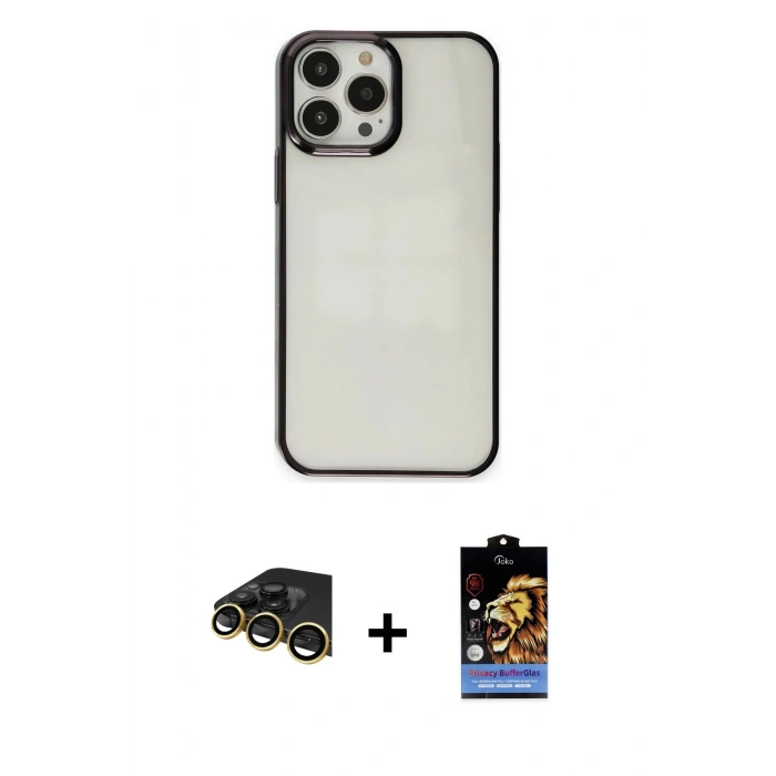 MARSİLYAN™- iPhone 14 Pro Max Kılıf Doruk Doku Prime - Siyah Buffer Hayalet Cam Ekran Koruyucu + Raze Metal Kamera Lens - GD
