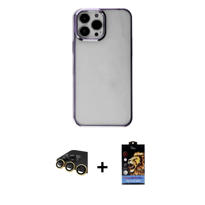 MARSİLYAN™- iPhone 14 Pro Max Kılıf Doruk Doku Prime - Siyah Buffer Hayalet Cam Ekran Koruyucu + Raze Metal Kamera Lens - GD