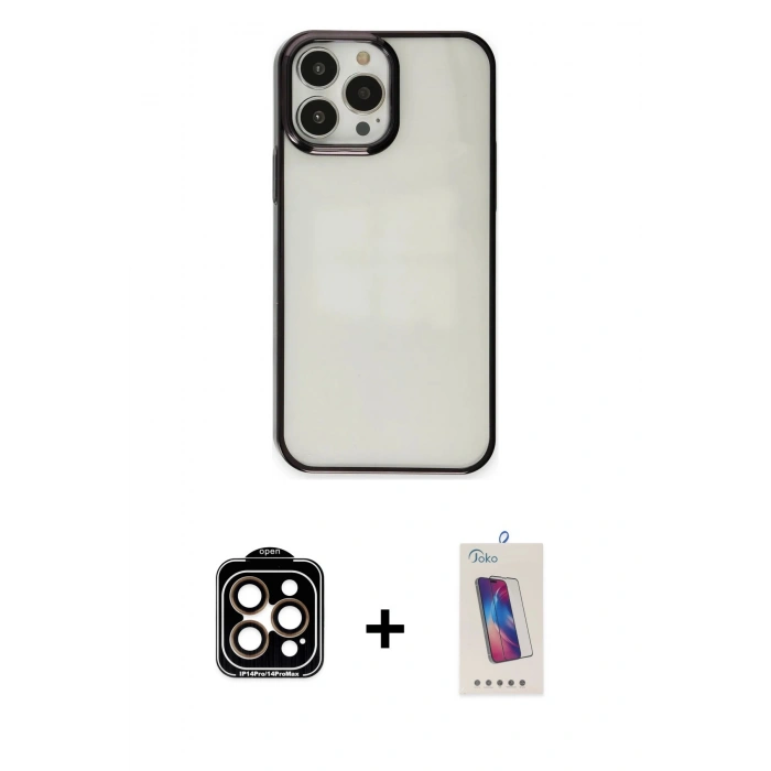 MARSİLYAN™- iPhone 14 Pro Max Kılıf Doruk Doku Prime - Siyah Joko 5D Cam + PVD Metal Kamera Lens - TU