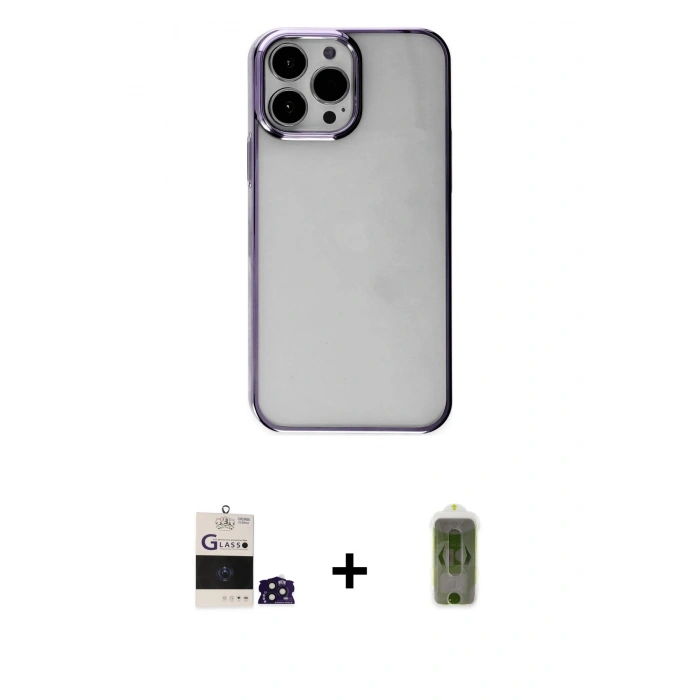 MARSİLYAN™- iPhone 14 Pro Max Kılıf Doruk Doku Prime - Siyah Joko Magic 5D Hayalet Cam + Derin Mor Bilvis Titan Kamera Lens