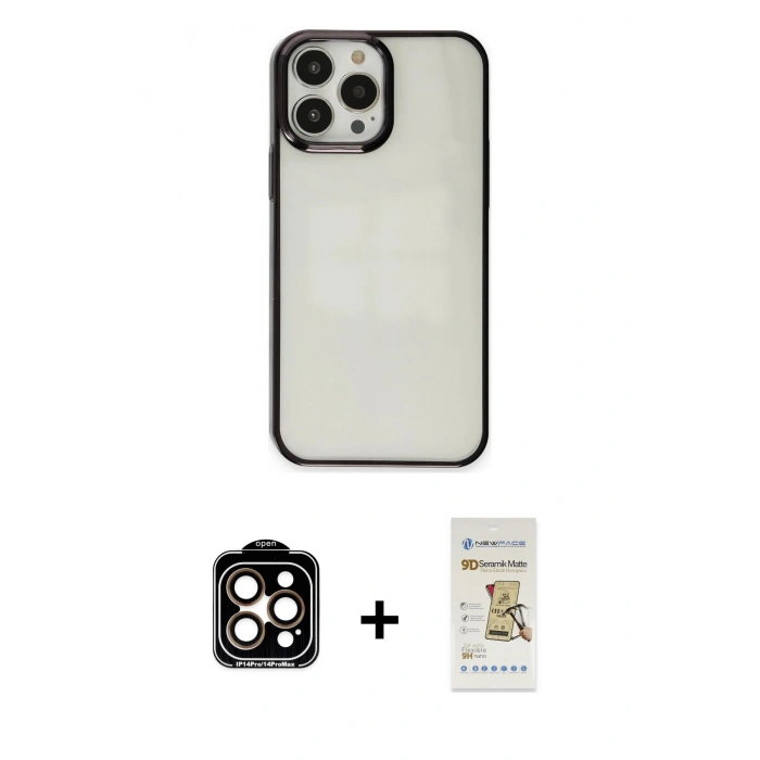MARSİLYAN™- iPhone 14 Pro Max Kılıf Doruk Doku Prime - Siyah Mat Seramik Nano Ekran Koruyucu + PVD Metal Kamera Lens - TU