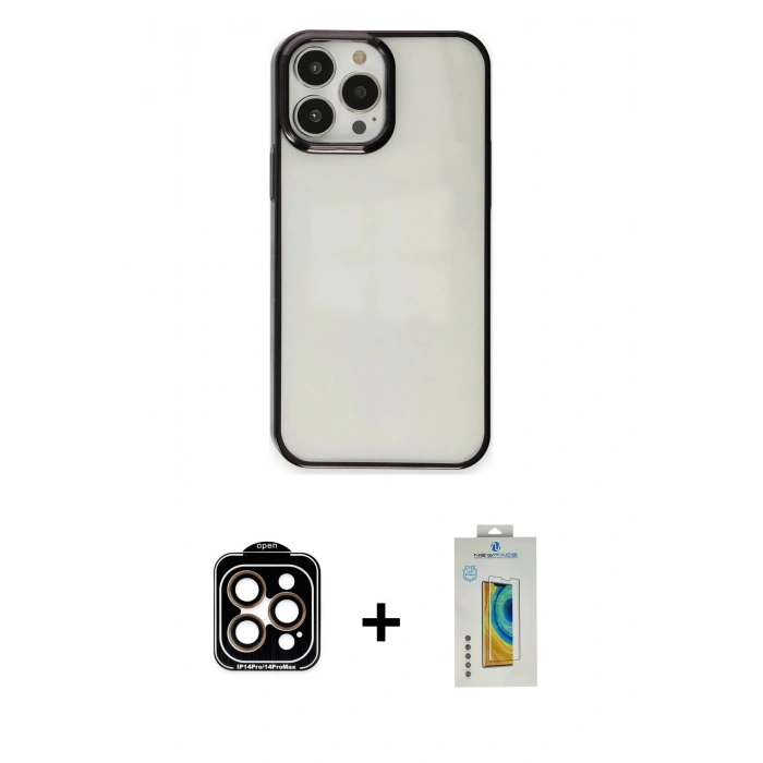 MARSİLYAN™- iPhone 14 Pro Max Kılıf Doruk Doku Prime - Siyah Polymer Nano Ekran Koruyucu + PVD Metal Kamera Lens - TU