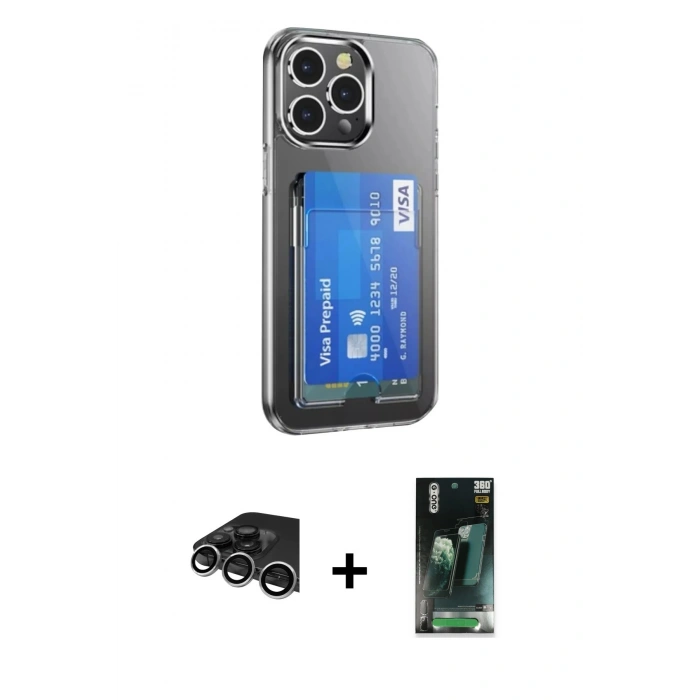 MARSİLYAN™- iPhone 14 Pro Max Kılıf Doruk Klasik Koleksiyonu - Şeffaf 360 Full Body Arka Koruyucu + Raze Metal Kamera Lens - GS