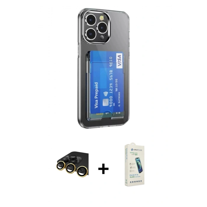 MARSİLYAN™- iPhone 14 Pro Max Kılıf Doruk Klasik Koleksiyonu - Şeffaf Pasifik Cam Ekran Koruyucu + Raze Metal Kamera Lens - GD
