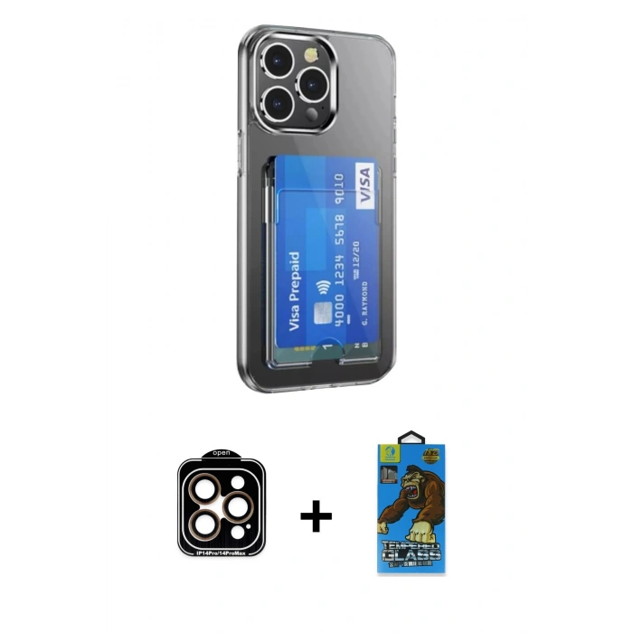 MARSİLYAN™- iPhone 14 Pro Max Kılıf Doruk Klasik Koleksiyonu - Siyah 18D Cam Ekran Koruyucu + PVD Metal Kamera Lens - TU