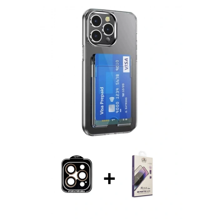 MARSİLYAN™- iPhone 14 Pro Max Kılıf Doruk Klasik Koleksiyonu - Siyah Bilvis 3D Mat Cam Ekran Koruyucu + Turuncu PVD Metal Kamera Lens