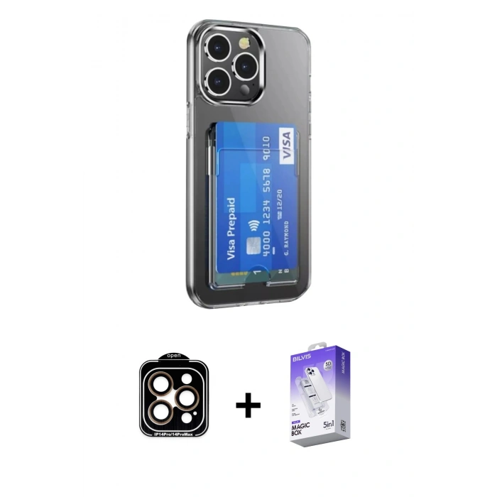 MARSİLYAN™- iPhone 14 Pro Max Kılıf Doruk Klasik Koleksiyonu - Siyah Bilvis 5in1 3D Magic Cam Ekran Koruyucu + PVD Metal Kamera Lens - TU