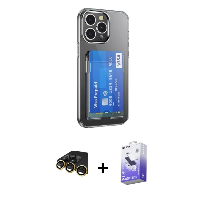 MARSİLYAN™- iPhone 14 Pro Max Kılıf Doruk Klasik Koleksiyonu - Siyah Bilvis 5in1 5D Magic Hayalet Cam Ekran Koruyucu + Raze Metal Kamera Lens - GD