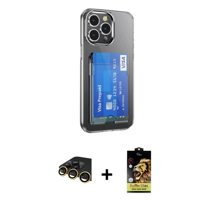 MARSİLYAN™- iPhone 14 Pro Max Kılıf Doruk Klasik Koleksiyonu - Siyah Buffer Cam Ekran Koruyucu + Raze Metal Kamera Lens - GD