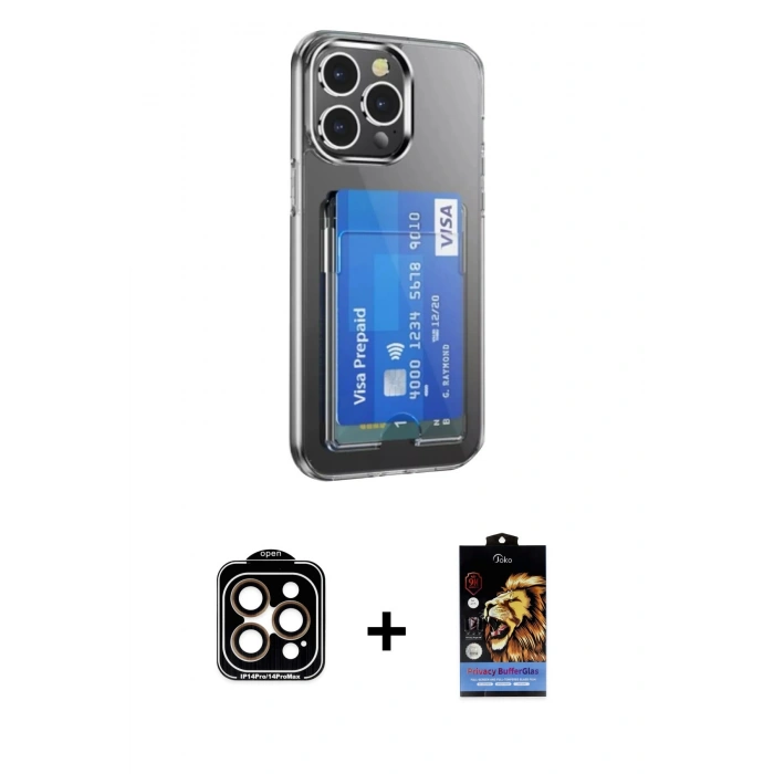 MARSİLYAN™- iPhone 14 Pro Max Kılıf Doruk Klasik Koleksiyonu - Siyah Buffer Hayalet Cam Ekran Koruyucu + PVD Metal Kamera Lens - TU