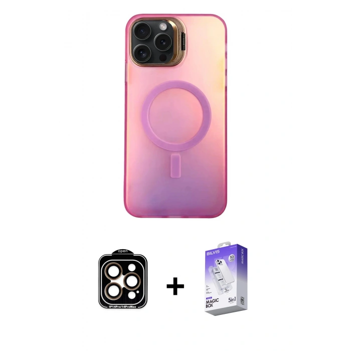MARSİLYAN™- iPhone 14 Pro Max Kılıf Doruk Klasik Prime - Siyah Bilvis 5in1 3D Magic Cam Ekran Koruyucu + PVD Metal Kamera Lens - TU