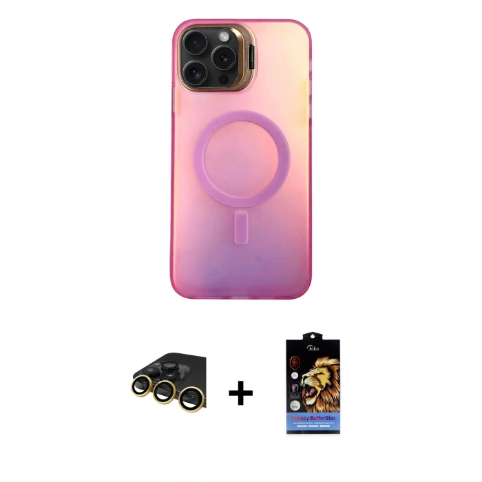 MARSİLYAN™- iPhone 14 Pro Max Kılıf Doruk Klasik Prime - Siyah Buffer Hayalet Cam Ekran Koruyucu + Gold Raze Metal Kamera Lens