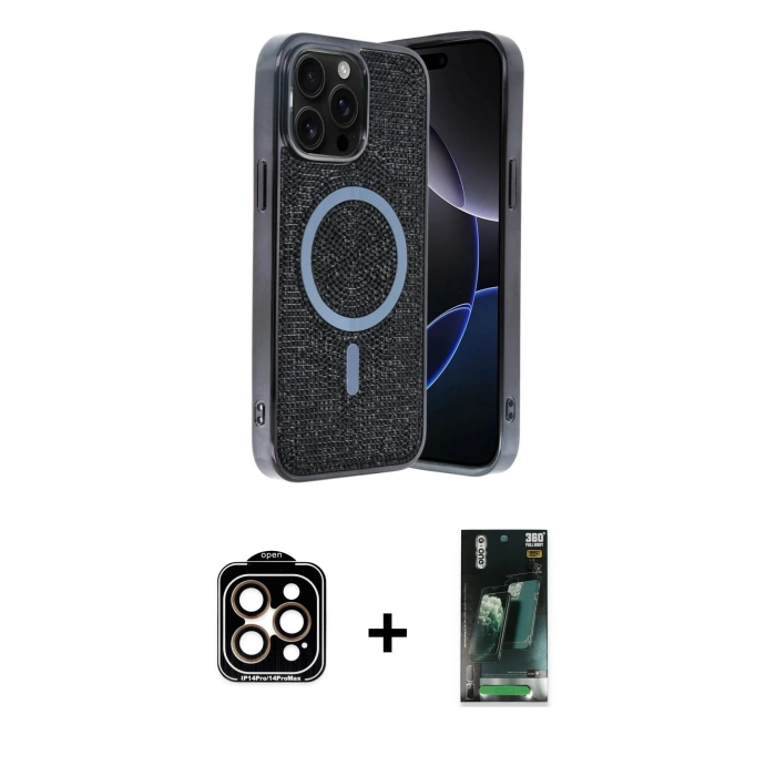 MARSİLYAN™- iPhone 14 Pro Max Kılıf Eksen Çizgi - Şeffaf 360 Full Body Arka Koruyucu + PVD Metal Kamera Lens - TU