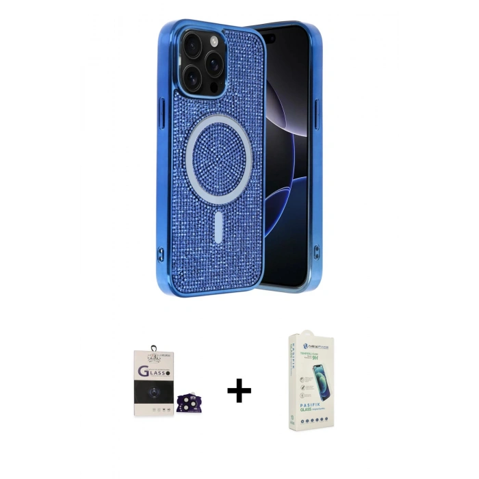 MARSİLYAN™- iPhone 14 Pro Max Kılıf Eksen Çizgi - Şeffaf Pasifik Cam Ekran Koruyucu + Bilvis Titan Kamera Lens - SH