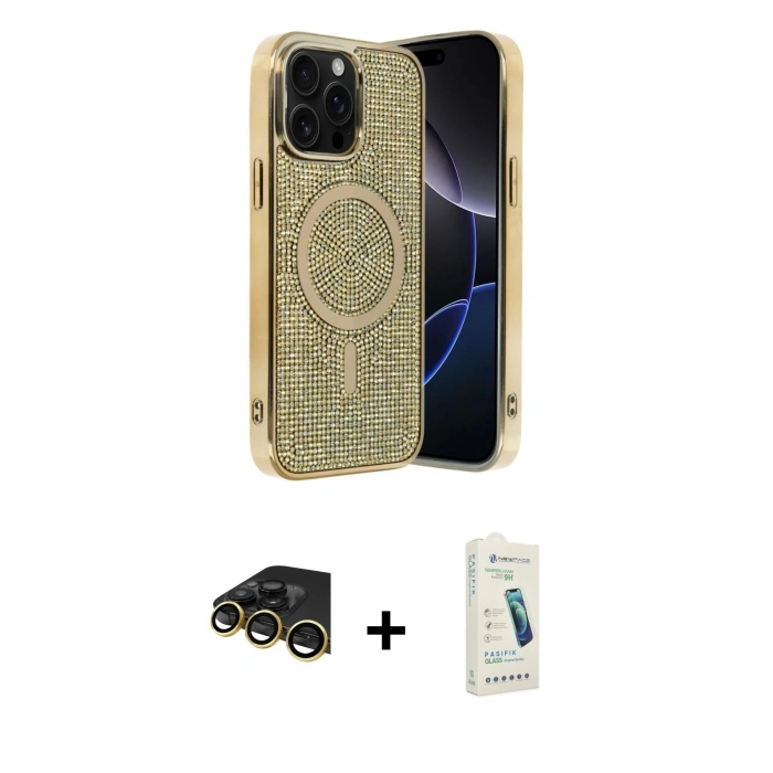 MARSİLYAN™- iPhone 14 Pro Max Kılıf Eksen Çizgi - Şeffaf Pasifik Cam Ekran Koruyucu + Raze Metal Kamera Lens - GD