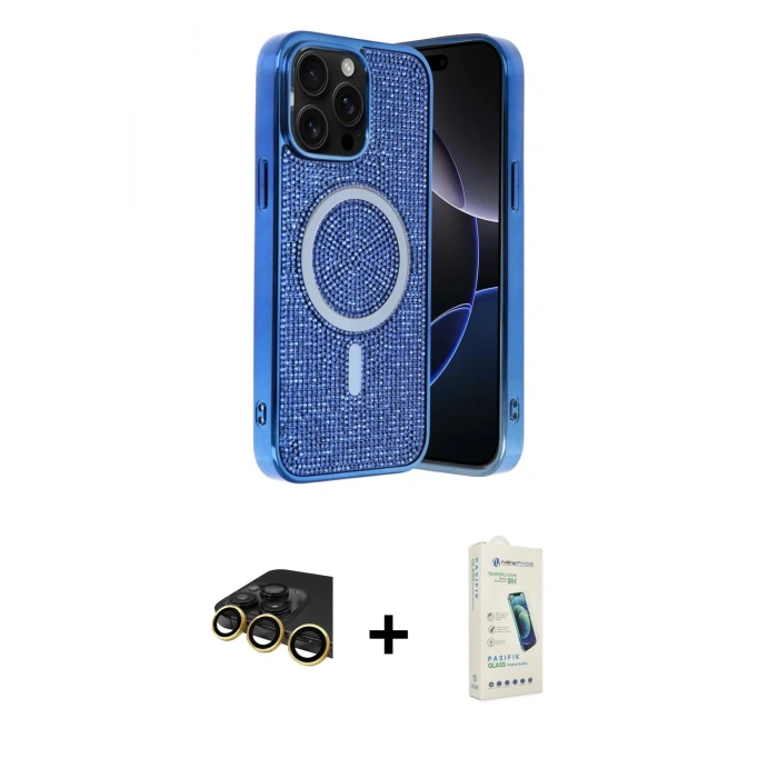 MARSİLYAN™- iPhone 14 Pro Max Kılıf Eksen Çizgi - Şeffaf Pasifik Cam Ekran Koruyucu + Raze Metal Kamera Lens - GD