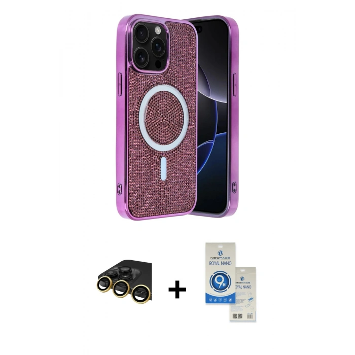 MARSİLYAN™- iPhone 14 Pro Max Kılıf Eksen Çizgi - Şeffaf Royal Nano Ekran Koruyucu + Raze Metal Kamera Lens - GD