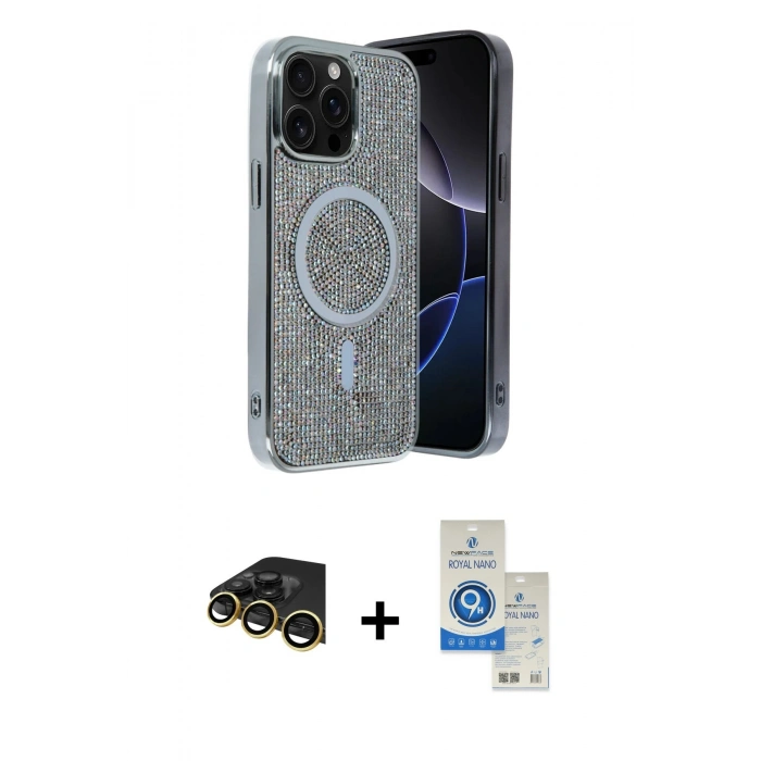 MARSİLYAN™- iPhone 14 Pro Max Kılıf Eksen Çizgi - Şeffaf Royal Nano Ekran Koruyucu + Raze Metal Kamera Lens - GD