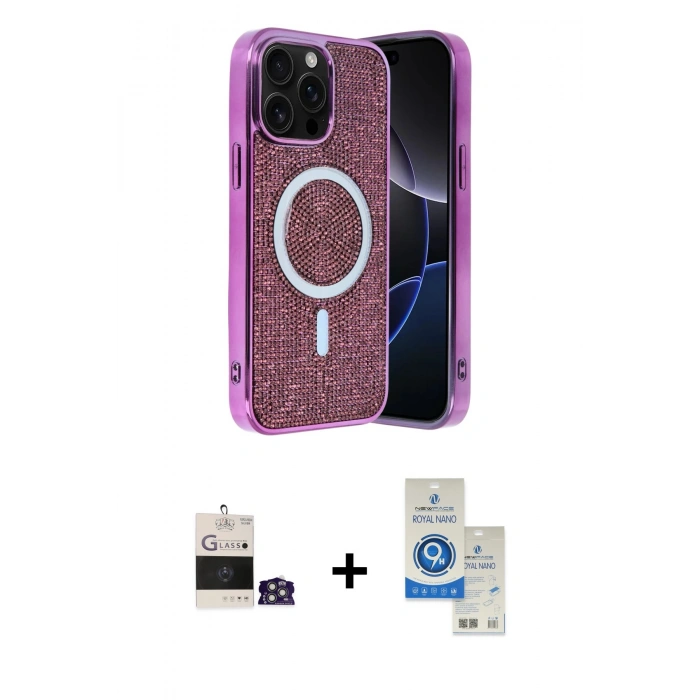 MARSİLYAN™- iPhone 14 Pro Max Kılıf Eksen Çizgi - Şeffaf Royal Nano Ekran Koruyucu + Gümüş Bilvis Titan Kamera Lens