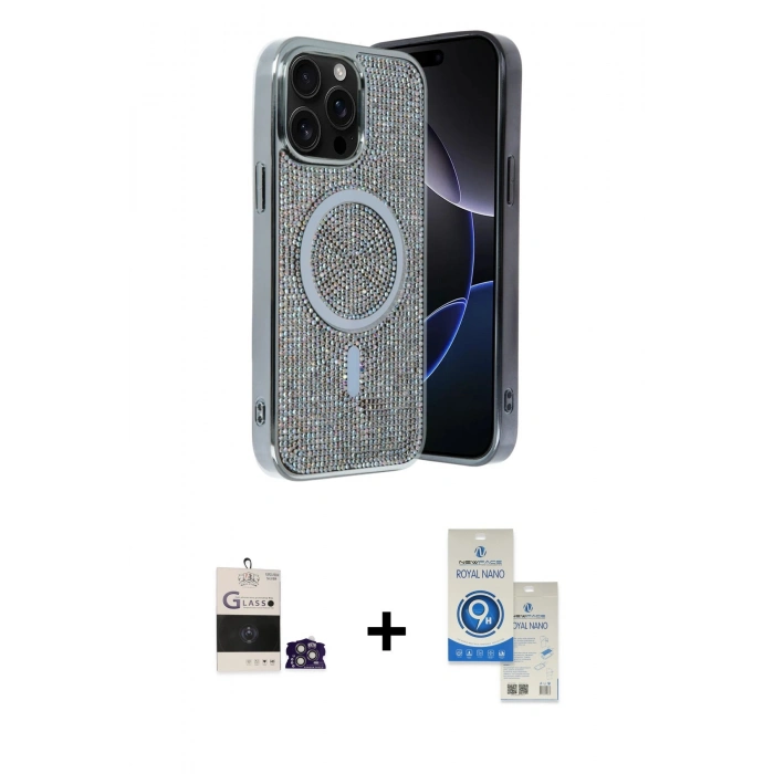 MARSİLYAN™- iPhone 14 Pro Max Kılıf Eksen Çizgi - Şeffaf Royal Nano Ekran Koruyucu + Gümüş Bilvis Titan Kamera Lens
