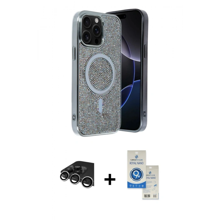 MARSİLYAN™- iPhone 14 Pro Max Kılıf Eksen Çizgi - Şeffaf Royal Nano Ekran Koruyucu + Raze Metal Kamera Lens - GS