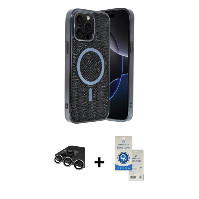 MARSİLYAN™- iPhone 14 Pro Max Kılıf Eksen Çizgi - Şeffaf Royal Nano Ekran Koruyucu + Raze Metal Kamera Lens - GS