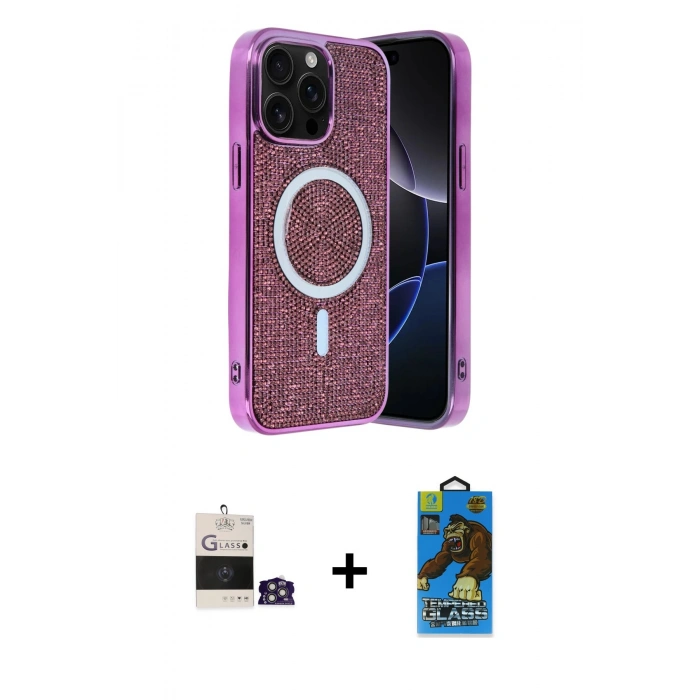 MARSİLYAN™- iPhone 14 Pro Max Kılıf Eksen Çizgi - Siyah 18D Cam Ekran Koruyucu + Bilvis Titan Kamera Lens - GS